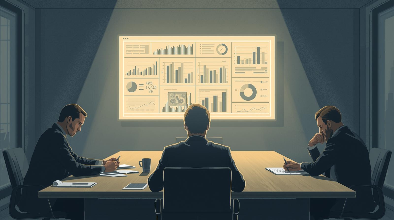 Three businessmen in suits analyze charts on a large screen in a dimly lit room.